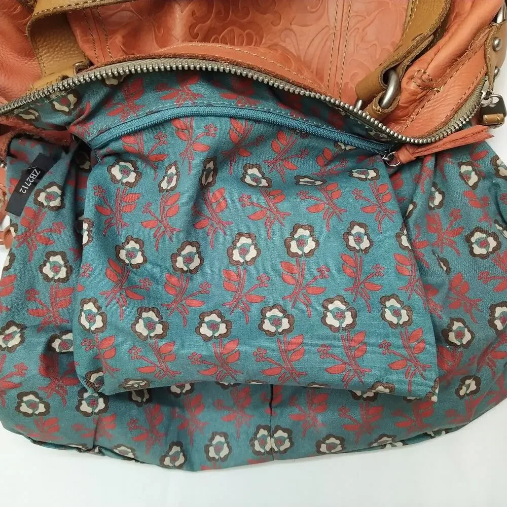 Fossil Orange Leather Floral Double Handles Zipper Closure Satchel Shoulder Bag